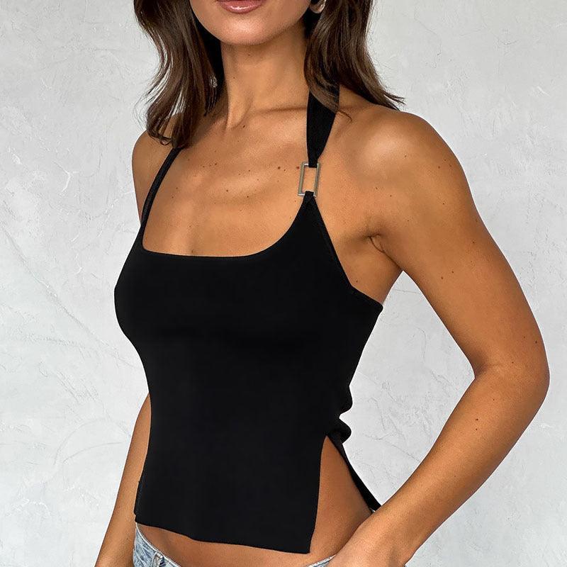 Short Slim Fit Street Style Halter Top Sling for Women - Solid Color, Milk Silk Fabric, Trendy Metal Decoration - MRC STORE