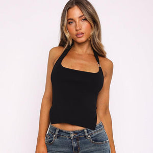 Short Slim Fit Street Style Halter Top Sling for Women - Solid Color, Milk Silk Fabric, Trendy Metal Decoration - MRC STORE
