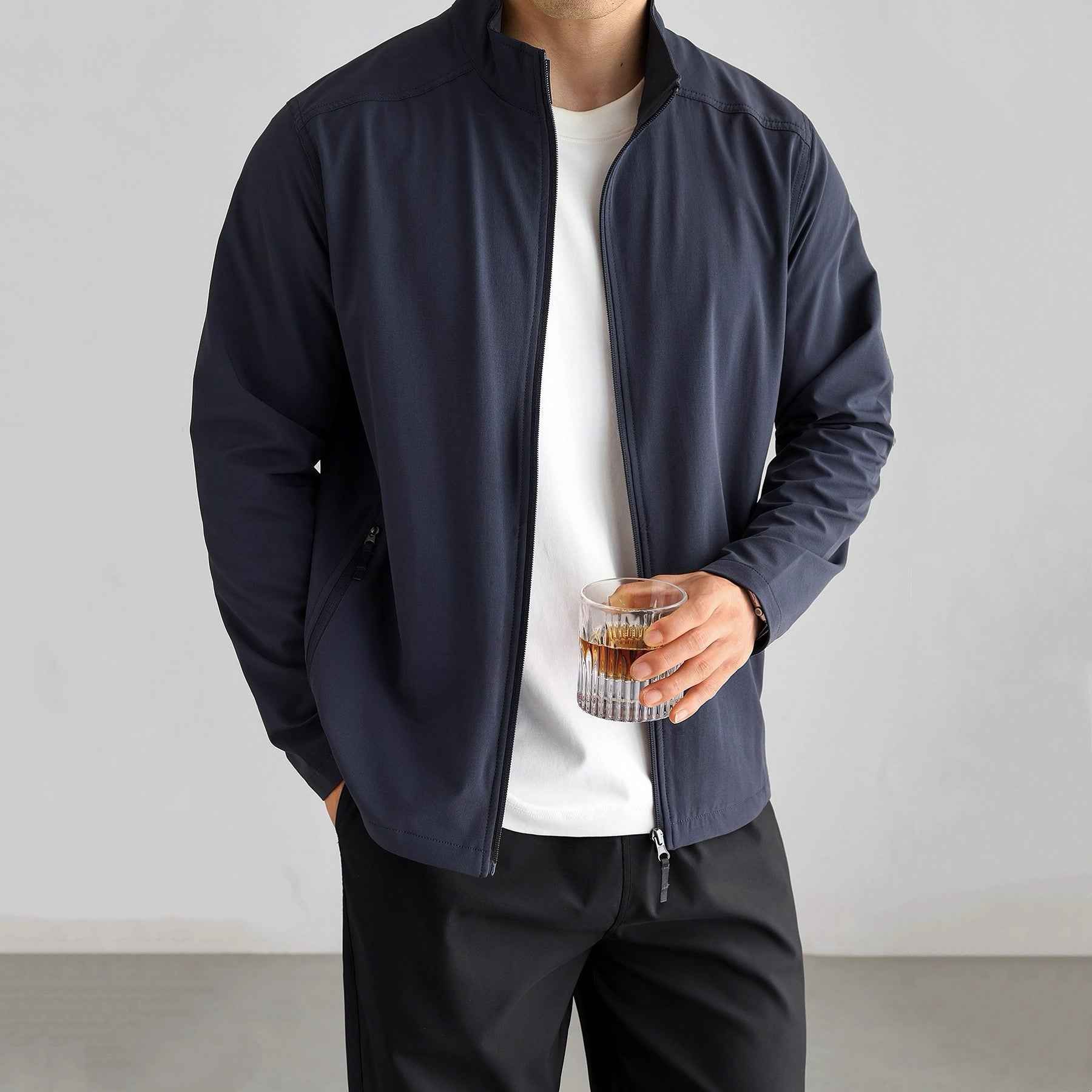 Solid Color Casual Commuter Jacket - MRC STOREJacketsMRC STOREPerson wearing a navy jacket holding a glass with a white backgroundMRC STORECJXZ265425814NMApricot2XL