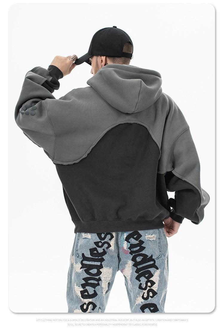 Stitching Contrast Color Velvet Padded Hooded Sweatshirt - Pullover in Black & Purple - MRC STORE