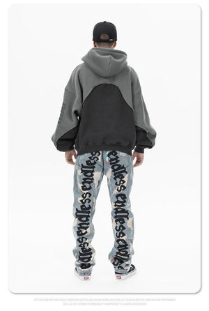 Stitching Contrast Color Velvet Padded Hooded Sweatshirt - Pullover in Black & Purple - MRC STORE