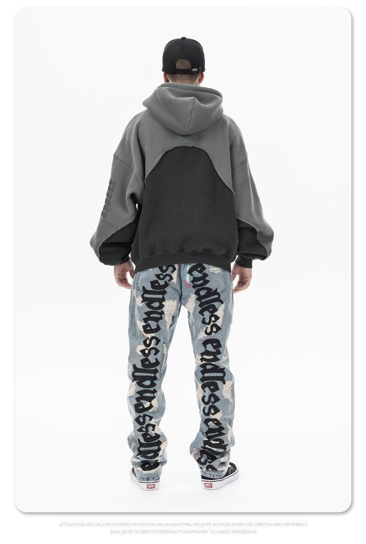 Stitching Contrast Color Velvet Padded Hooded Sweatshirt - Pullover in Black & Purple - MRC STORE