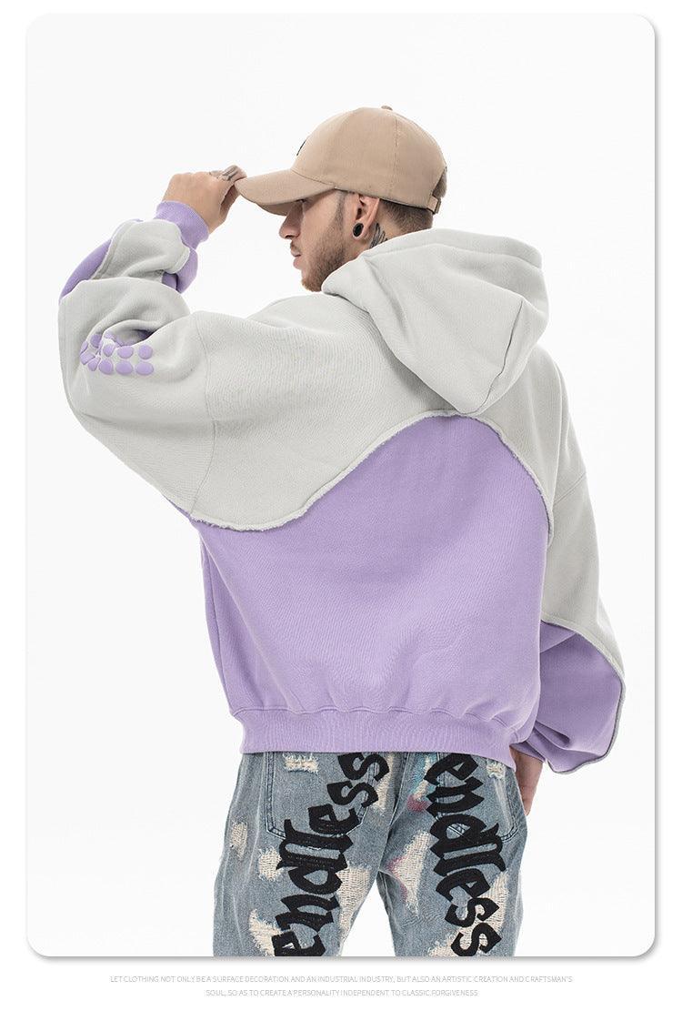 Stitching Contrast Color Velvet Padded Hooded Sweatshirt - Pullover in Black & Purple - MRC STORE