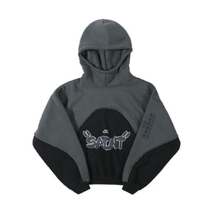 Stitching Contrast Color Velvet Padded Hooded Sweatshirt - Pullover in Black & Purple - MRC STORE