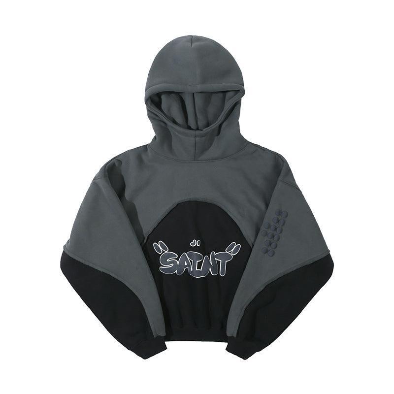 Stitching Contrast Color Velvet Padded Hooded Sweatshirt - Pullover in Black & Purple - MRC STORE