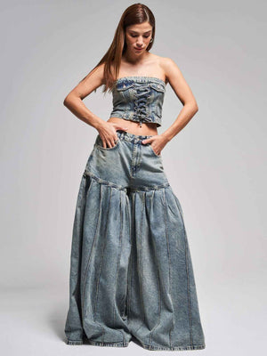 Strapless Denim Corset & Pleated Wide - Leg Set - MRC STOREsetMRC STOREStrapless Denim Corset & Pleated Wide - Leg SetMRC STORECJTZ237629905EVBlue2XL