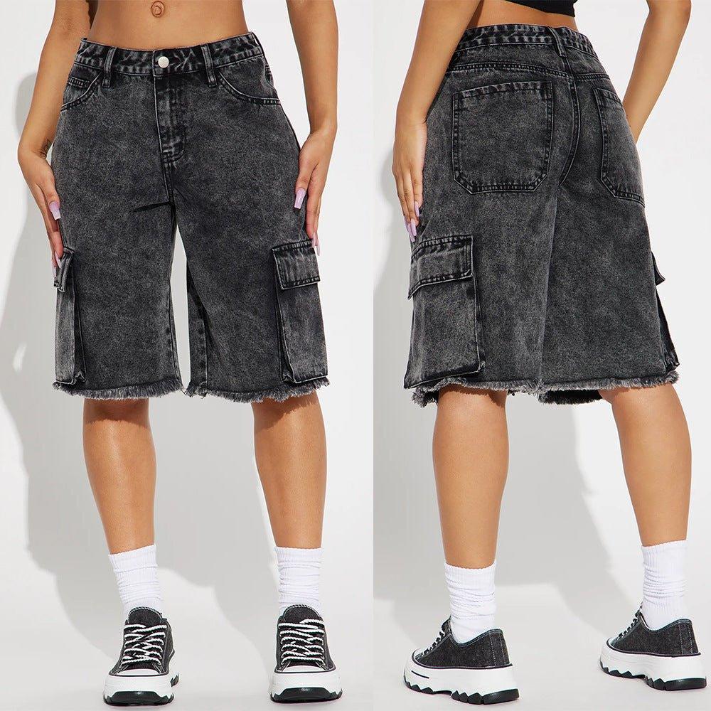 Street Style Frayed Hem Denim Shorts β Black, Cropped & Straight - MRC STORE