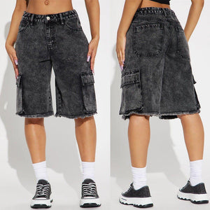 Street Style Frayed Hem Denim Shorts β Black, Cropped & Straight - MRC STORE