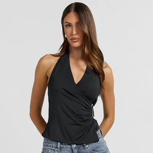 Suspender Top - V - Neck Pleated Navel - MRC STORETopMy StoreWoman wearing a black halter top and blue jeans on a gray backgroundMRC STORECJCS241982503CXBlackL