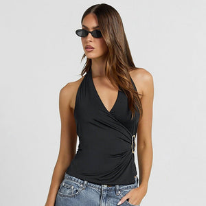 Suspender Top - V - Neck Pleated Navel - MRC STORETopMy StoreWoman wearing a black halter top and blue jeans with sunglasses on a white backgroundMRC STORECJCS241982503CXBlackL