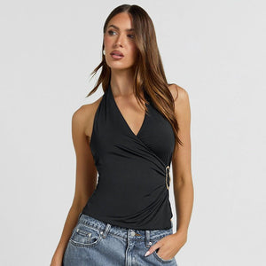 Suspender Top - V - Neck Pleated Navel - MRC STORETopMy StoreWoman wearing a black halter top and blue jeans on a gray backgroundMRC STORECJCS241982503CXBlackL