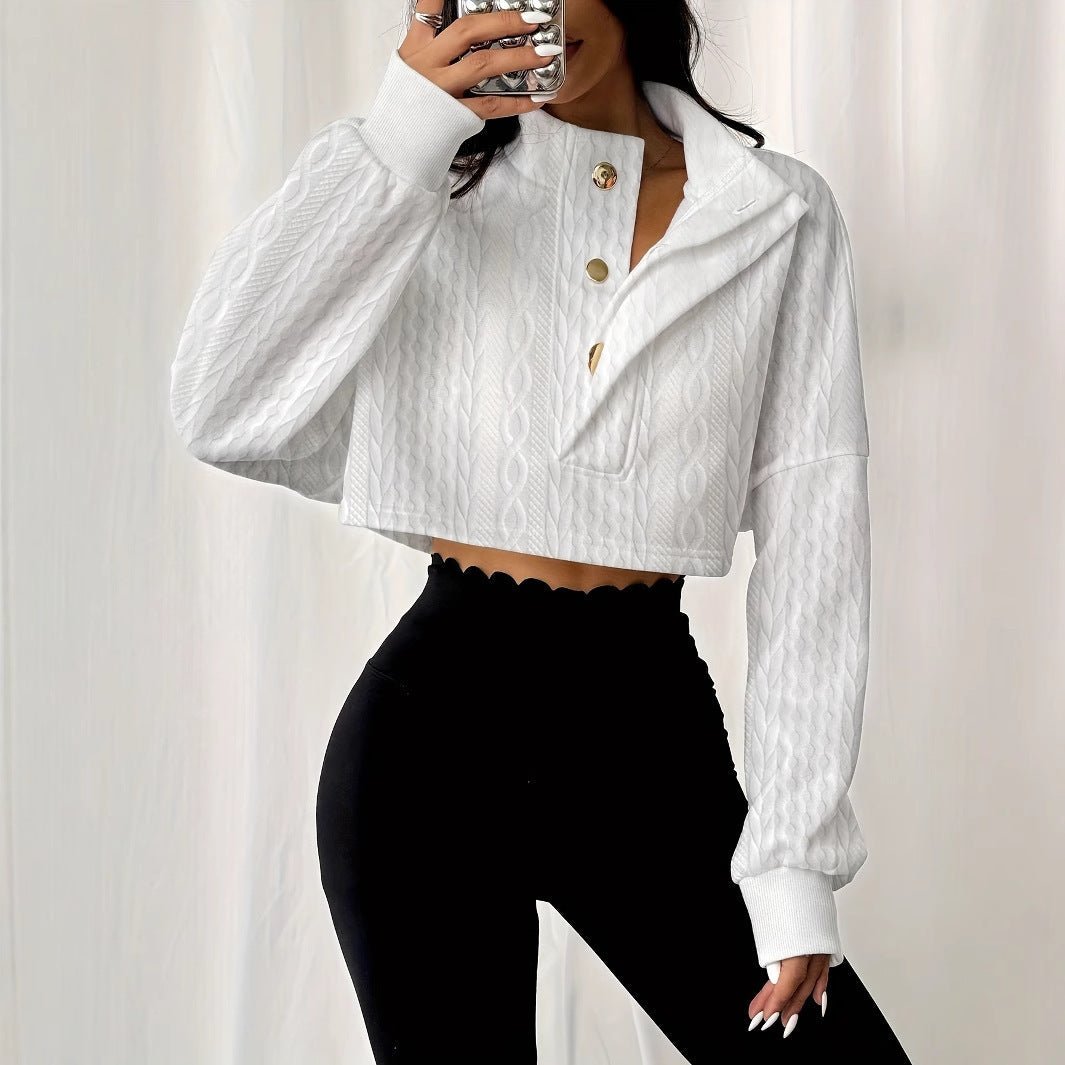 Textured Sweater - Stand Collar White - MRC STORESweaters & HoodiesMy StoreA woman wearing a white textured stand collar sweater with long sleeves and front buttons, paired with black pants.MRC STORECJWY237703003CXWhiteL