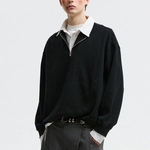 Two - Piece Polo Collar Pullover - MRC STOREsweaterMRC STOREPerson wearing a black sweater over a white shirt with gray pants on a light gray backgroundMRC STORECJWY260024211KPBlack2XL