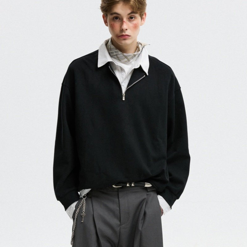 Two - Piece Polo Collar Pullover - MRC STOREsweaterMRC STOREPerson wearing a black sweater over a white shirt with gray pants on a light gray backgroundMRC STORECJWY260024211KPBlack2XL