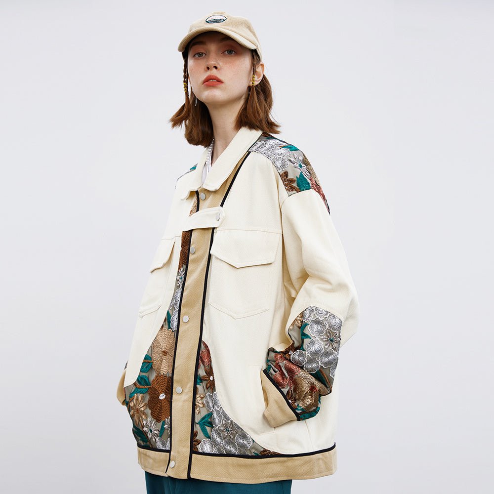 Unisex Stitching Lace Coat – Casual Khaki Jacket for Youth - MRC STOREJacketsMRC STOREPerson wearing a stylish beige jacket with floral patterns on a white backgroundMRC STORECJXZ195934802BYKhakiL