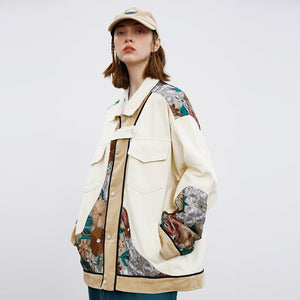 Unisex Stitching Lace Coat – Casual Khaki Jacket for Youth - MRC STOREJacketsMRC STOREPerson wearing a stylish beige jacket with floral patterns on a white backgroundMRC STORECJXZ195934802BYKhakiL