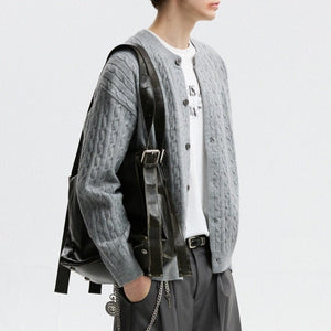 Unisex Twisted Solid Color Sweater Cardigan - MRC STORESweaters & HoodiesMRC STOREPerson wearing a gray knitted cardigan with a black backpack on a light gray backgroundMRC STORECJWY259534415OLNavy Blue2XL