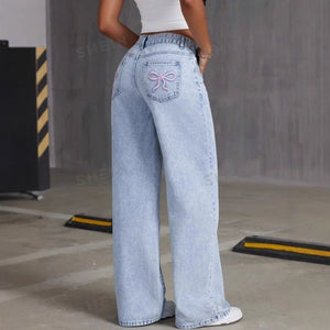 Vintage Bow Embroidered Washed Jeans for Women - Straight Loose Trousers - MRC STOREbottomsMy StoreVintage Bow Embroidered Washed Jeans for Women - Straight Loose Trousers My Store MRC STORECJNZ232842103CXWashed GrayL