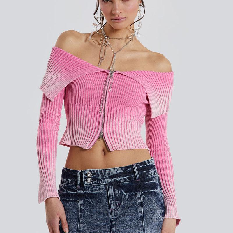 Vintage Off - Shoulder Zipper Lapel Fashion Sweater - MRC STORETopMy StoreVintage Off - Shoulder Zipper Lapel Fashion Sweater - MRC STOREMRC STORECJMY210852006FUPinkL