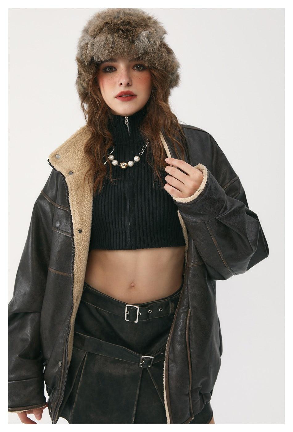 Winter Coat PU Leather Coat with Lamb Wool Lining - MRC STORETopMRC STOREA person wearing a winter coat with a stand collar, large patch pockets, and a belt. The coat is unbuttoned, revealing a turtleneck underneath.MRC STORECJPK211782702BYBlackL