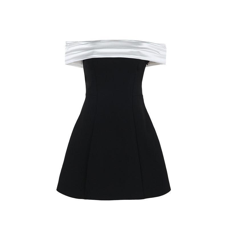 women's fashion Slim Fit Off Shoulder Contrasting Color Dress High-Waist Black Hip Skirt - MRC STORE