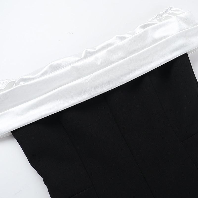 women's fashion Slim Fit Off Shoulder Contrasting Color Dress High-Waist Black Hip Skirt - MRC STORE