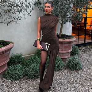 Women's Fashion Slim Round Neck Pleated Dress - Mid Waist - MRC STOREDressMy StoreWomen's Fashion Slim Round Neck Pleated Dress - Mid Waist My Store MRC STORECJLY232932306FUKhakiL