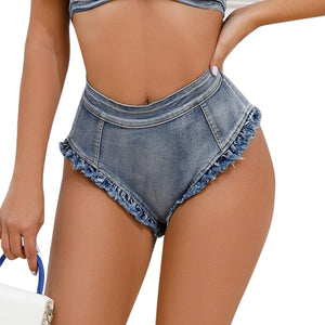 Women’s High Waist Raw Hem Denim Shorts – Light Blue, Stretchy & Stylish - MRC STORE