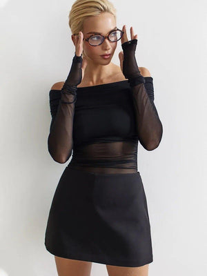 Women's Solid Color Slim-Fit Off-Neck Mesh Top – Street Fashion Long Sleeve Pullover - MRC STORE