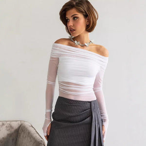 Women's Solid Color Slim-Fit Off-Neck Mesh Top – Street Fashion Long Sleeve Pullover - MRC STORE