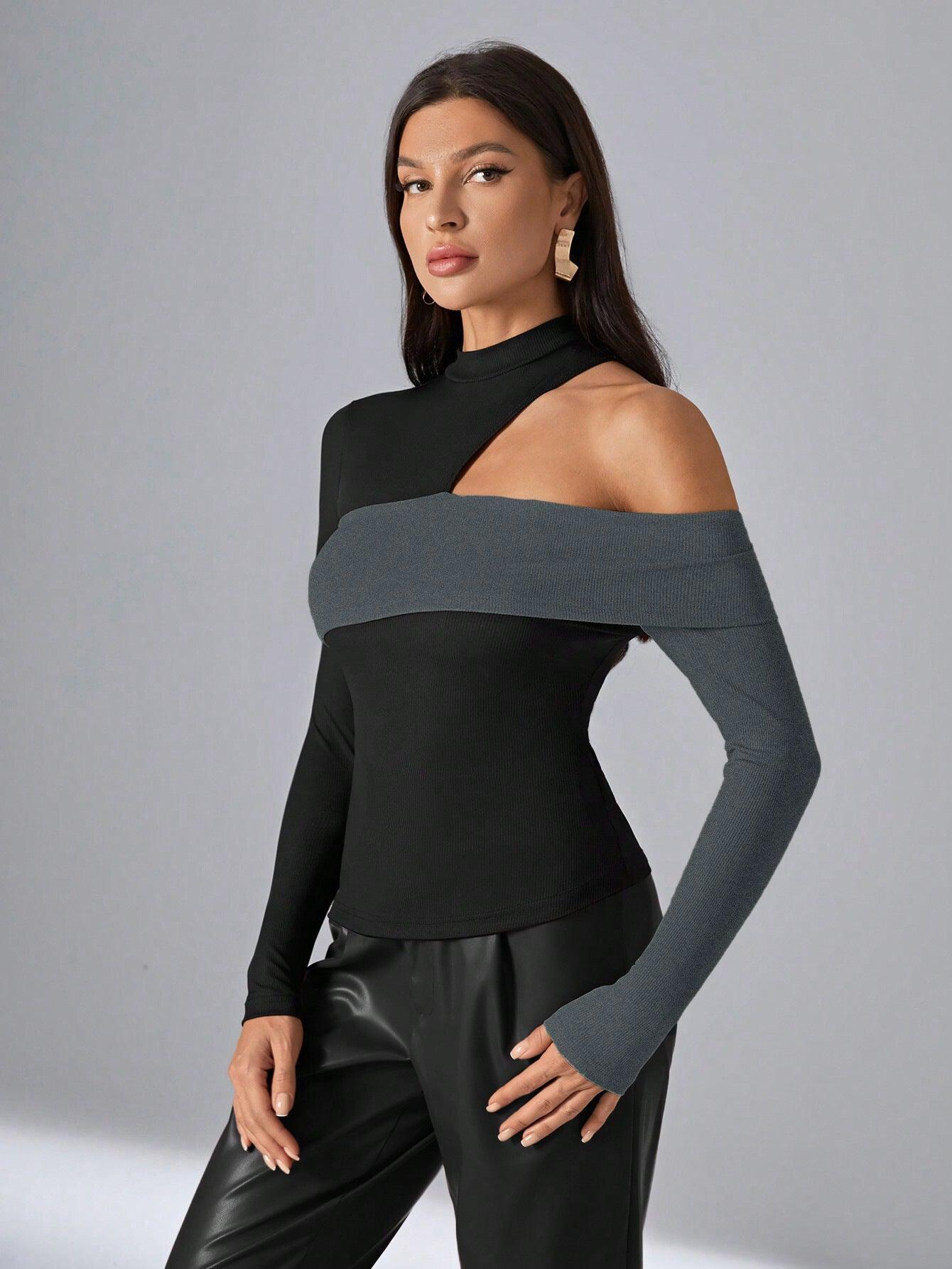 Women's Trendy top Irregular Design – Black Slim Fit Pullover with Long Sleeves - MRC STORE