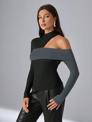Women's Trendy top Irregular Design – Black Slim Fit Pullover with Long Sleeves - MRC STORE
