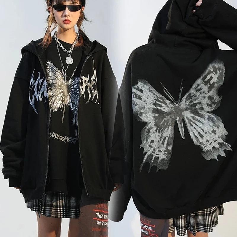 Hooded Zipper Letter Butterfly Print Fleece Cardigan Sweatshirt - Black My Store 