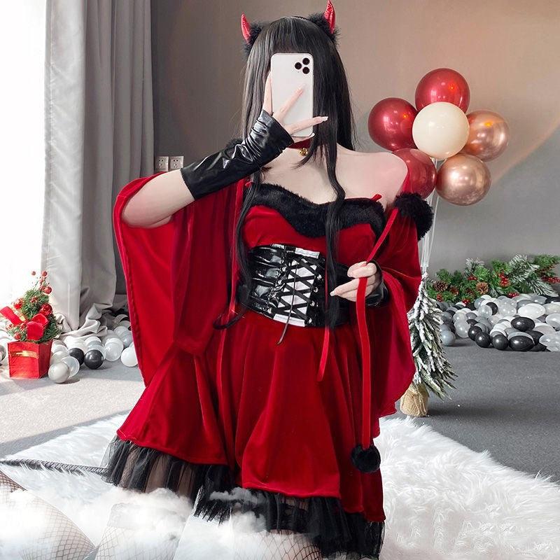 Halloween Witch Tabard Costume - Velvet 4-Piece Set with Cloak, Belt, Gloves & Dress My Store 