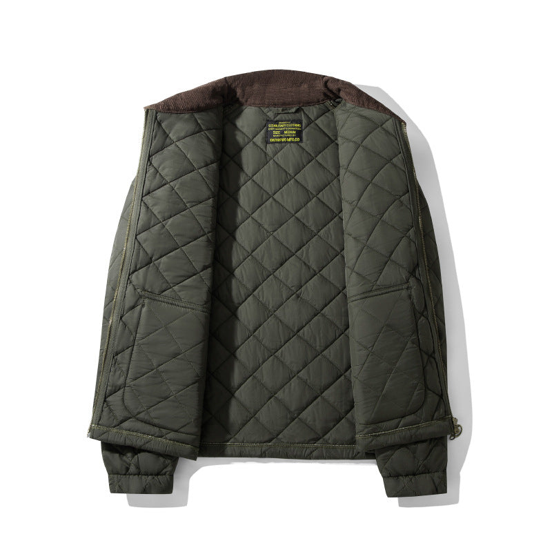 Quilted jacket with diamond pattern on a white background