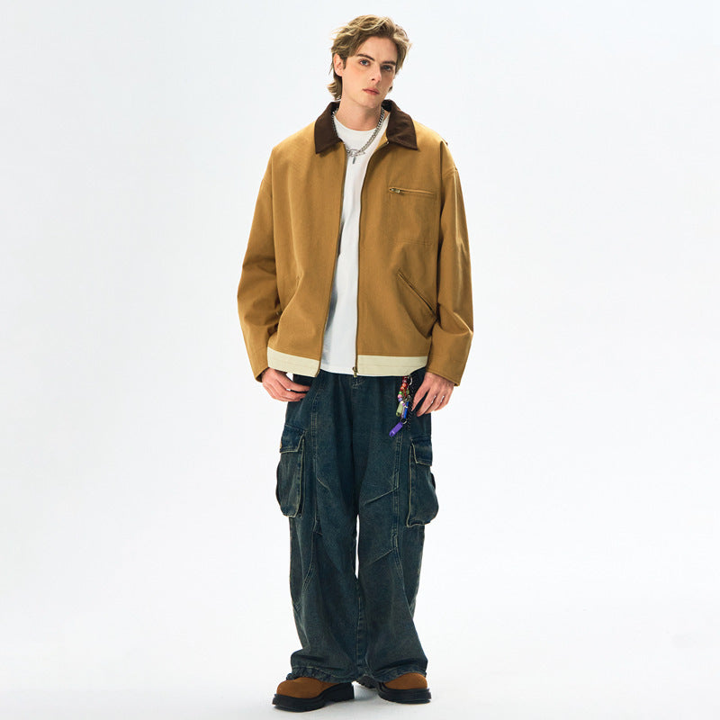 Men’s Contrast Color Washed Polo Collar Jacket - Loose Fit Cotton Long Sleeve My Store 