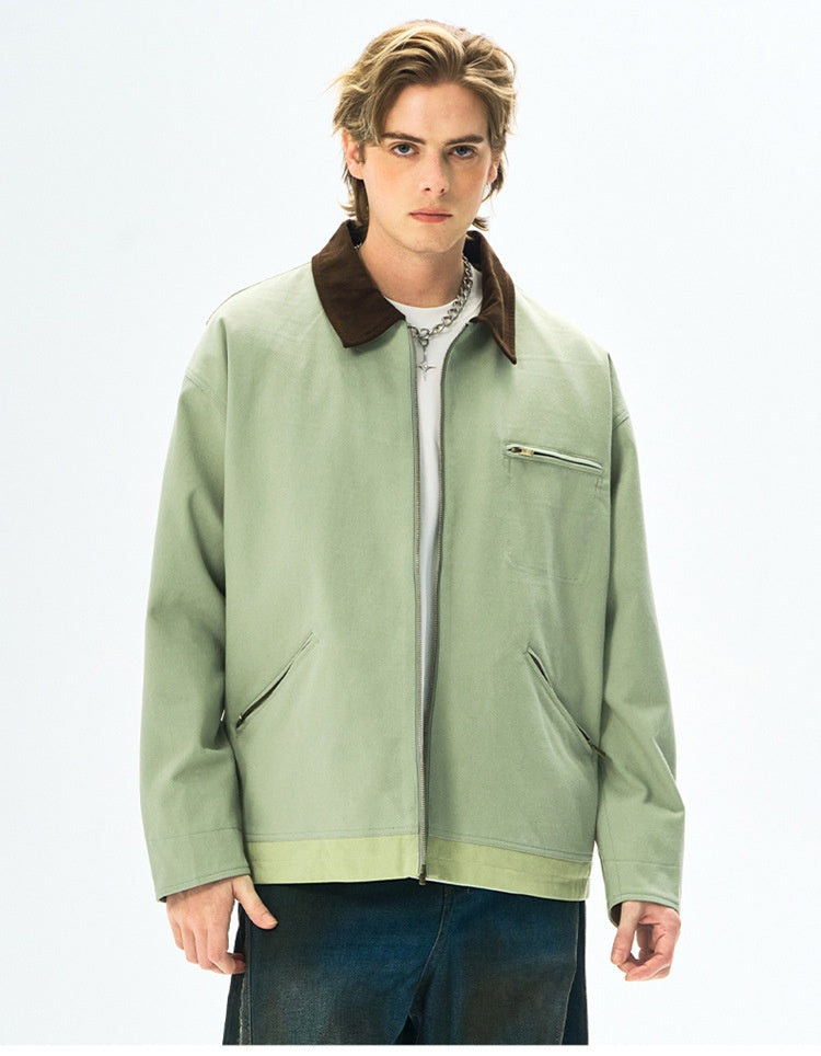 Men’s Contrast Color Washed Polo Collar Jacket - Loose Fit Cotton Long Sleeve My Store 