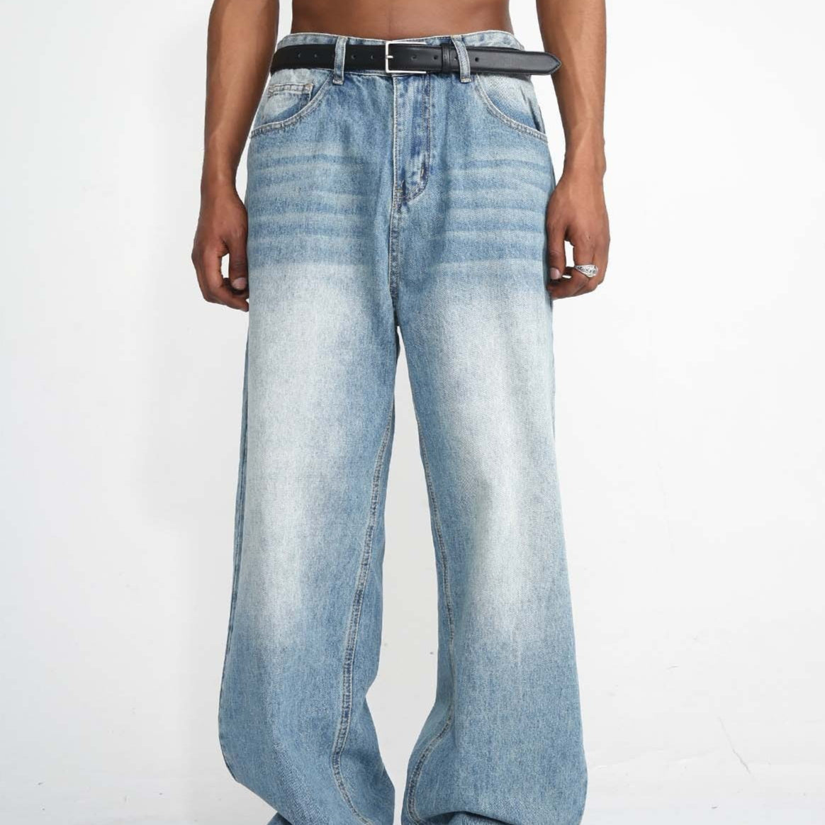 Men's Blue Straight Wide Leg Jeans – Casual Cotton Blend Trousers