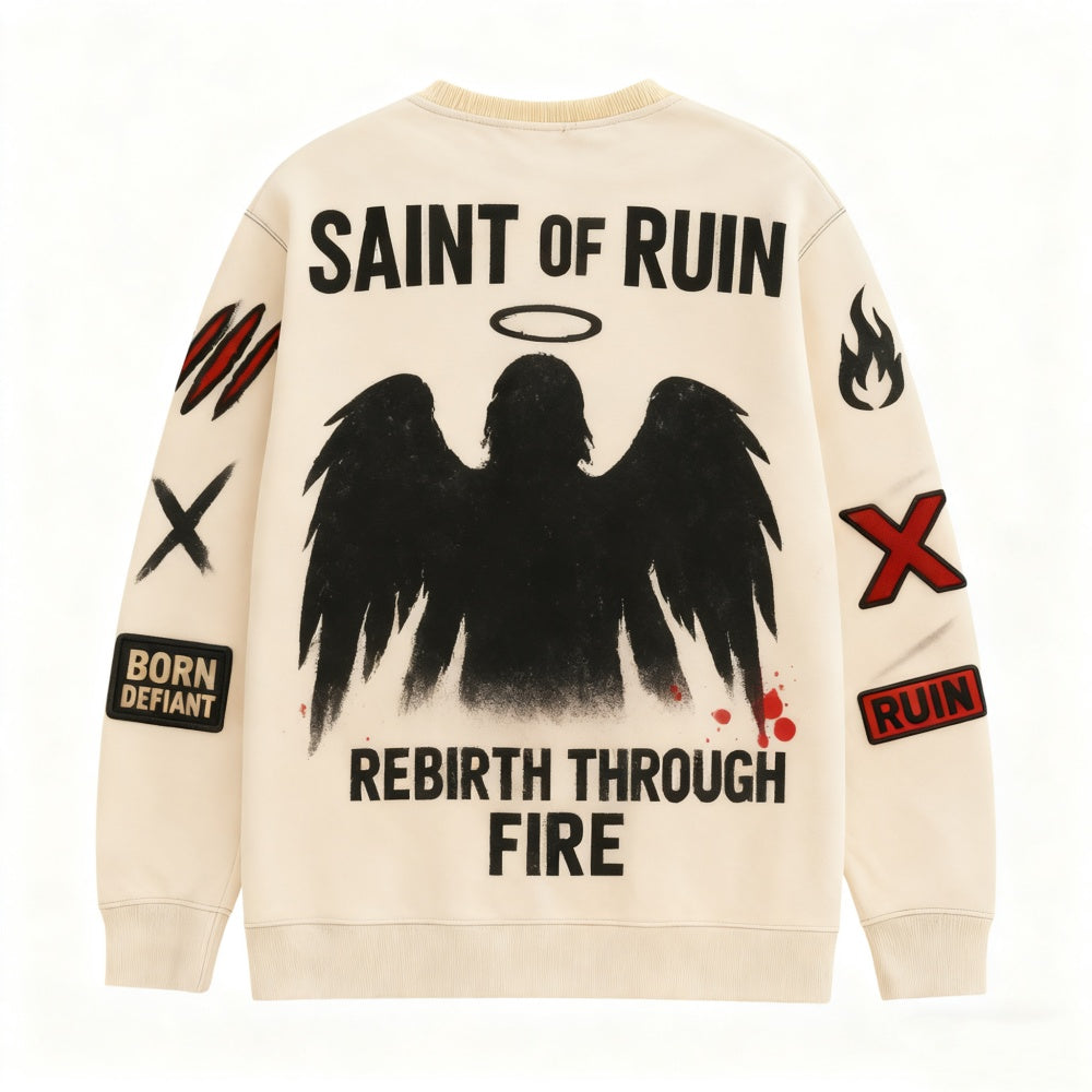 Beige sweatshirt with black graphics and text on a white background