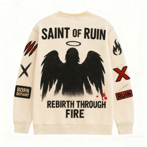 Beige sweatshirt with black graphics and text on a white background