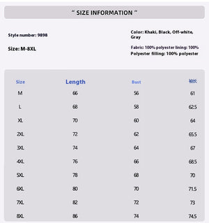 Size chart for clothing with measurements in centimeters