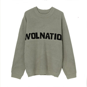 Solid Color Loose Knit Round Neck Letter Sweater - White, Khaki, Green My Store  35.84