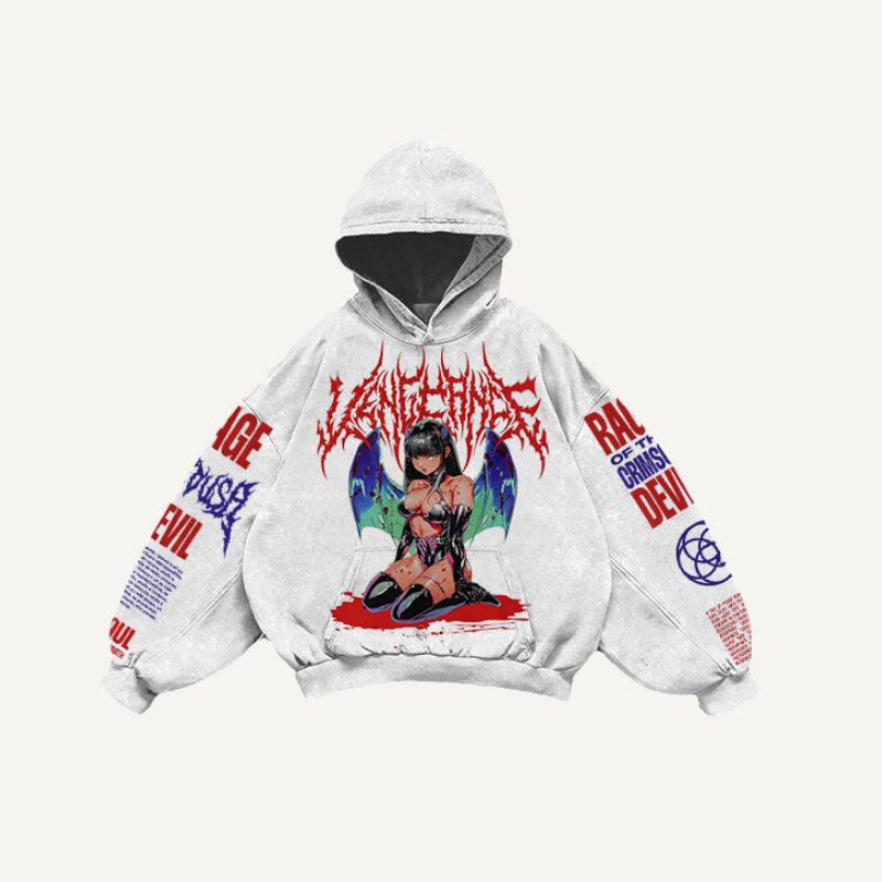 White hoodie with graphic design and text on a white background