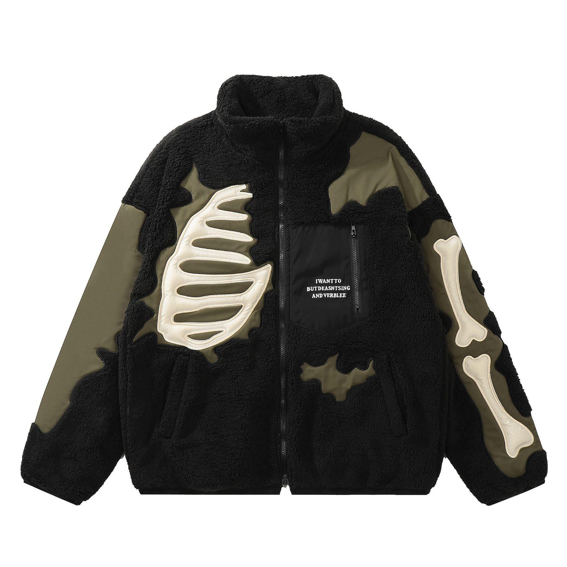 Lamb Wool Stitching Skeleton Embroidered Cotton-Padded Winter Coat - American Retro Style My Store  43.82