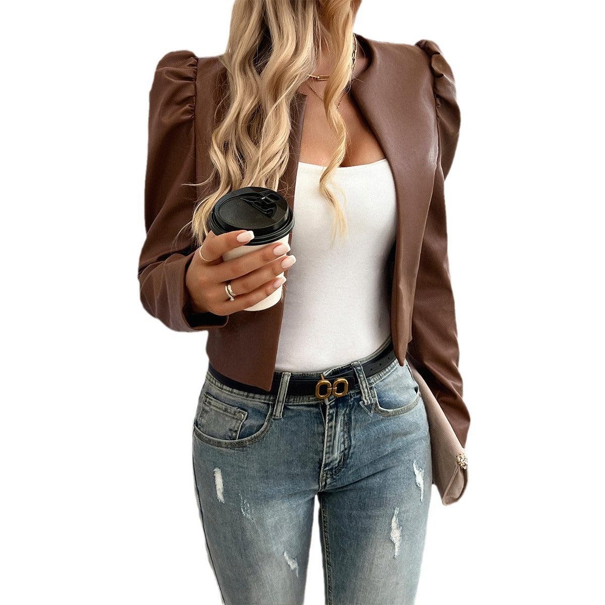 Solid Color Leather Cardigan Jacket My Store 