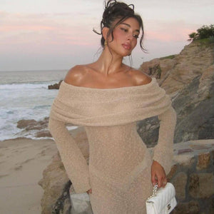 New One-Shoulder Knitted Long-Sleeved Dress – Beach Holiday Long Dress for Women - MRC STORE