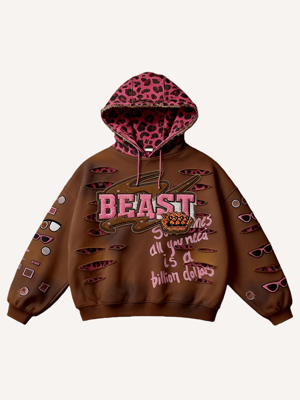 Brown hoodie with pink leopard print hood and 'BEAST' text on a white background