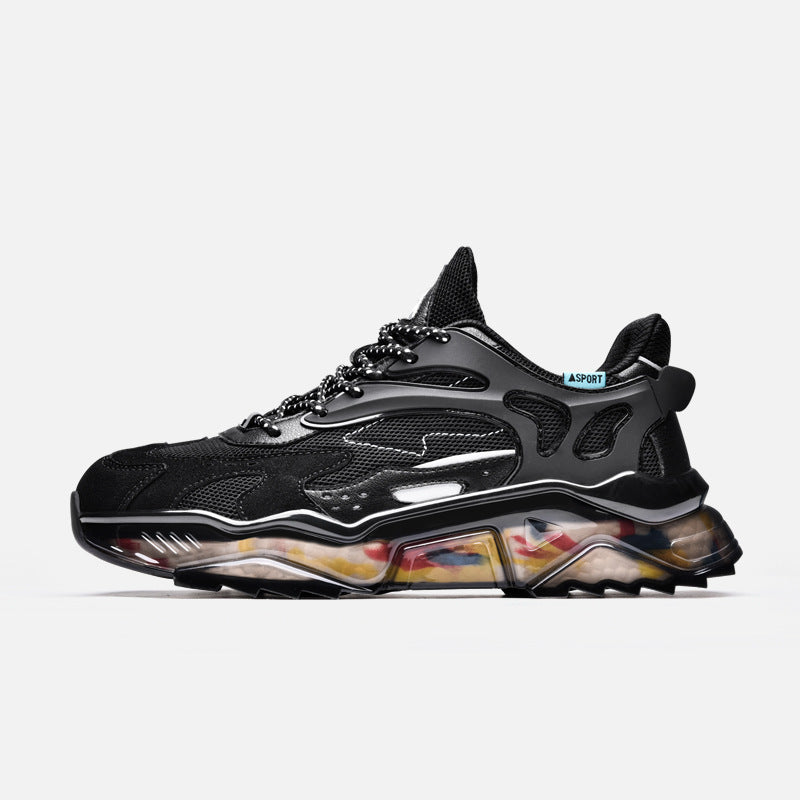 Black athletic shoe with colorful sole on a white background
