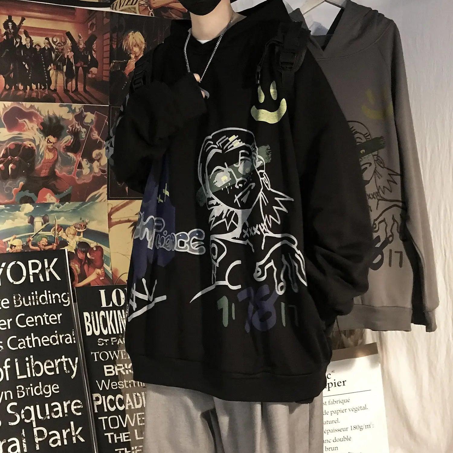 Loose Hooded Sweater with Geometric Print - MRC STORE