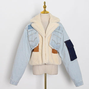 Fashion Stitching Loose Thick Casual Denim Lamb Wool Short Coat My Store 